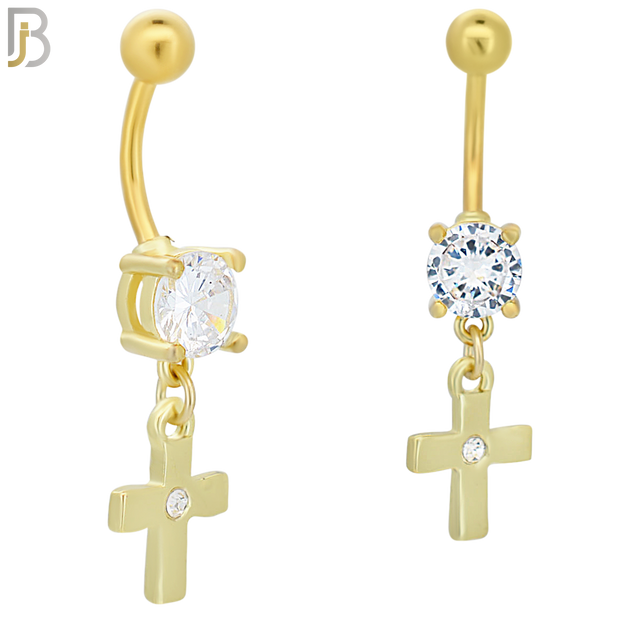 N0110  - 316L Stainless Steel Dangling Plain Cross with Center Zircon Belly Ring image 2