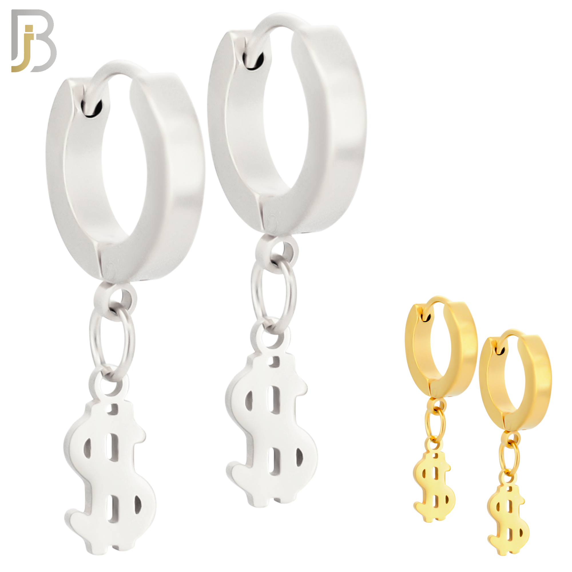 ES135 - Stainless Steel Huggies Hoops Earrings with Dangle Dollar Sign image 0