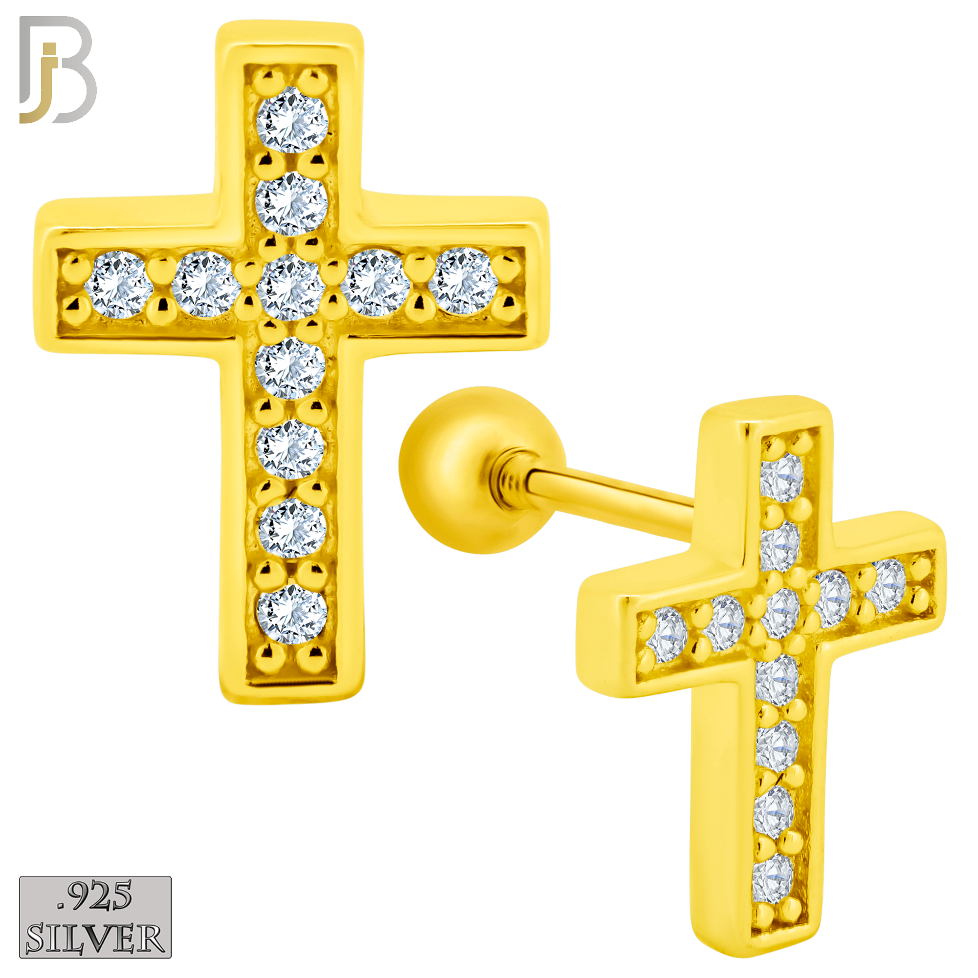 925-ES368 - Screw Ball Back - .925 Sterling Silver Cross Stud Earrings - Small image 2