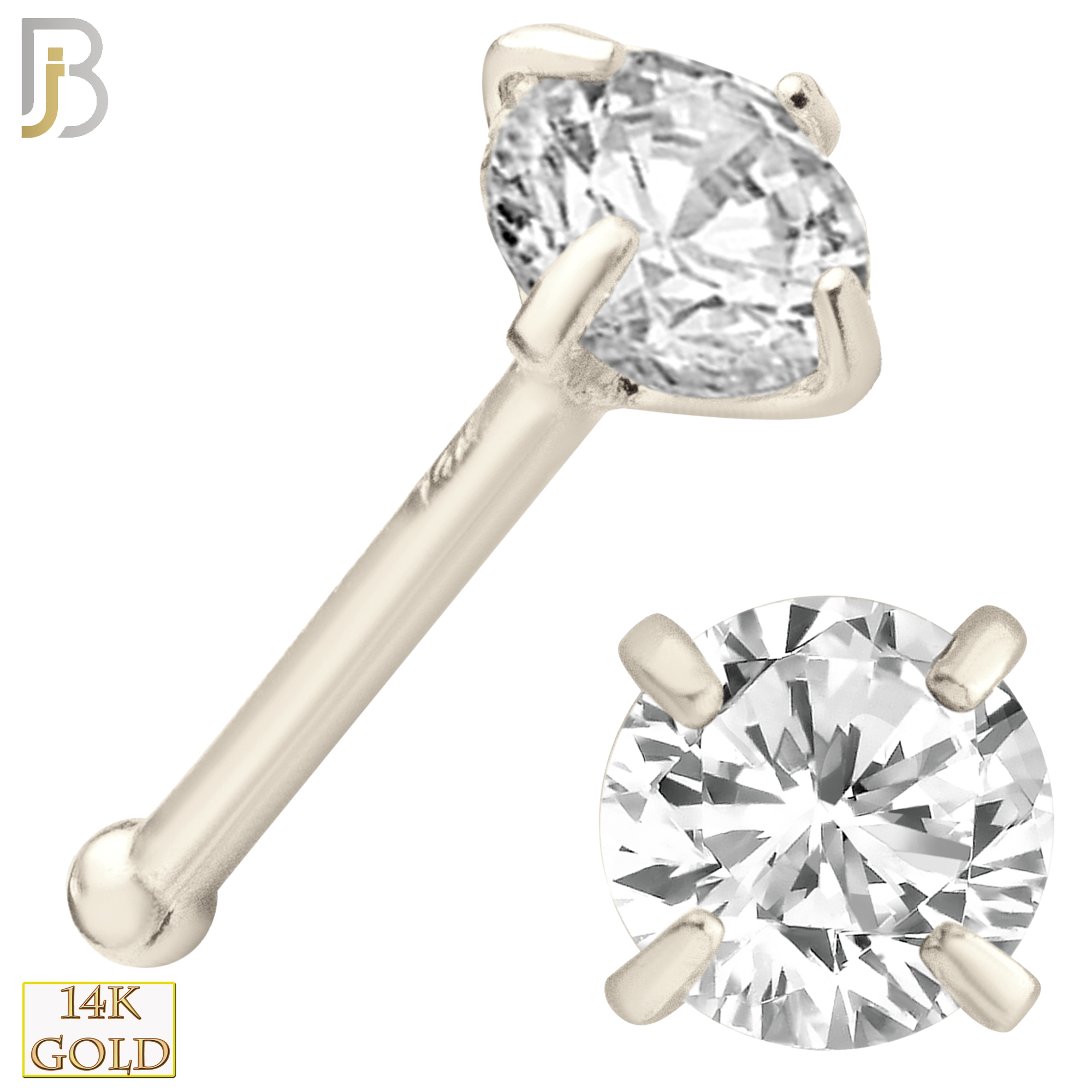 14-NR01CW-20 - 20g Thickness 14k Solid White Gold Prong Setting  Round Cubic Zircona Nose Bone image 4