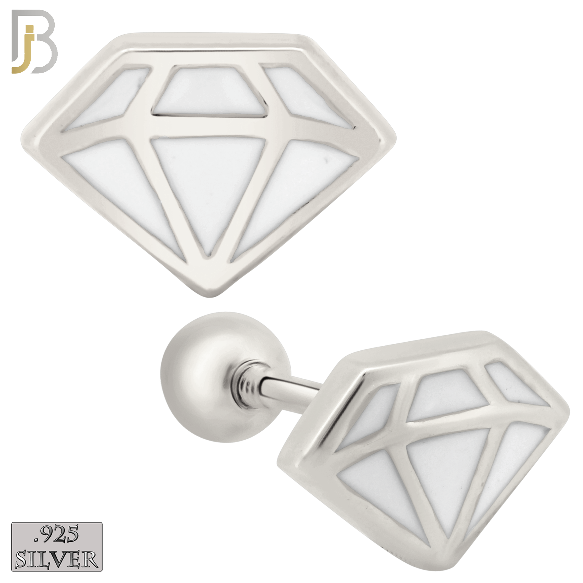 925-ES428 - Screw Ball Back - .925 Sterling Silver White Enamel Diamond Design Earrings Stud image 0