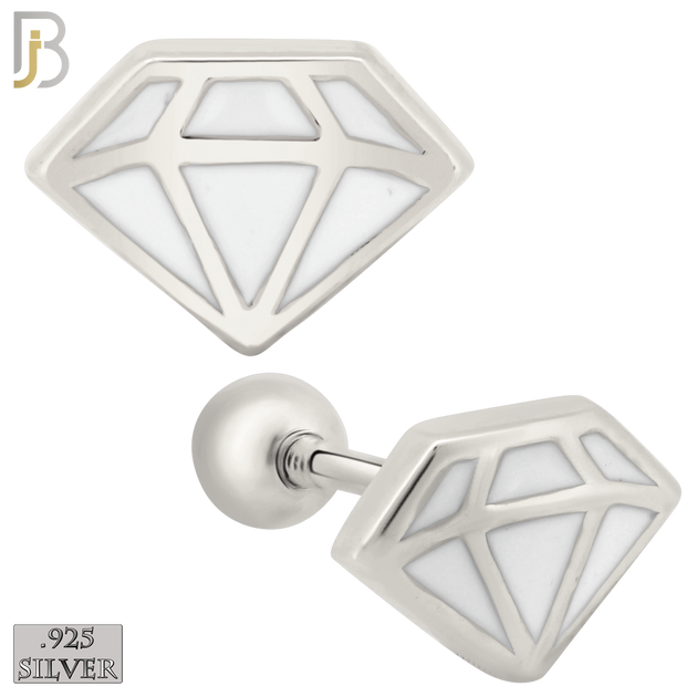 925-ES428 - Screw Ball Back - .925 Sterling Silver White Enamel Diamond Design Earrings Stud image 0