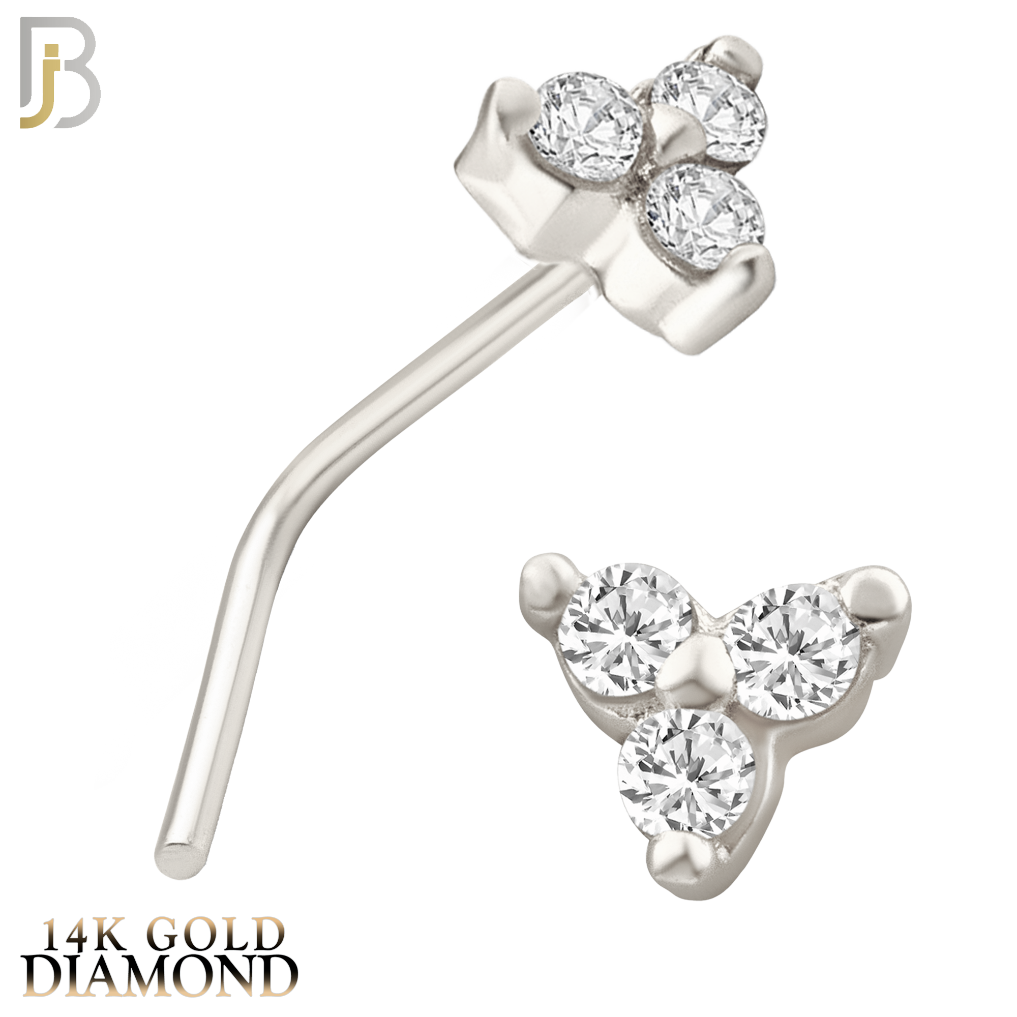 14-NR20LD - 14k Yellow Gold Prong Setting Three Stone Triangle L Shape Nose Stud with SI1 / G Diamonds image 1