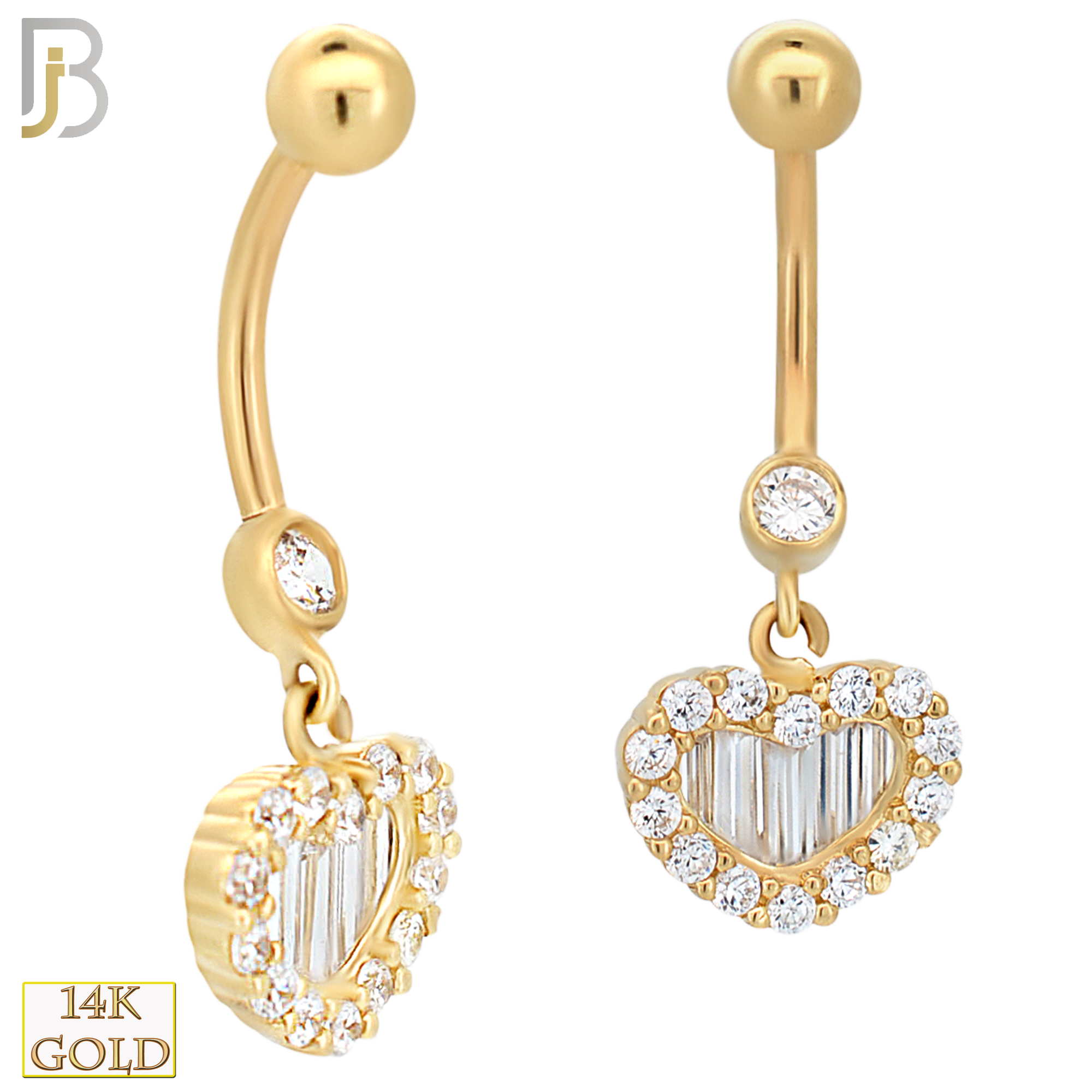 14-N003 - 14k Solid Gold Heart with Zircon and Baguette Zircon Design Banana Belly Ring image 1