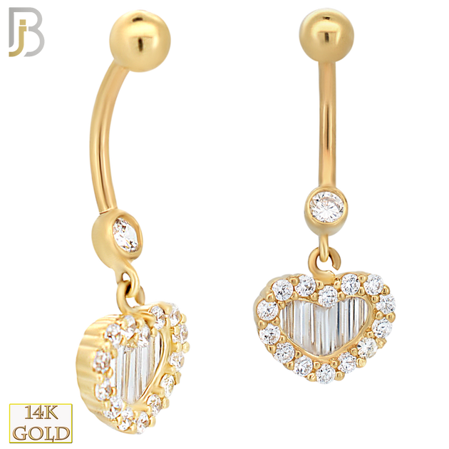 14-N003 - 14k Solid Gold Heart with Zircon and Baguette Zircon Design Banana Belly Ring image 1