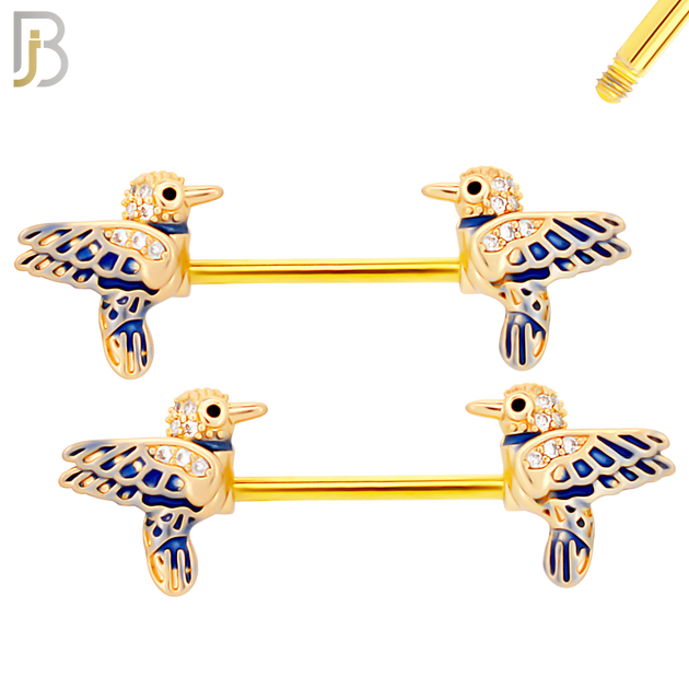 NP56 - 316L Surgical Steel Blue Bird Design Nipple Rings Pair Externally Threaded image 2