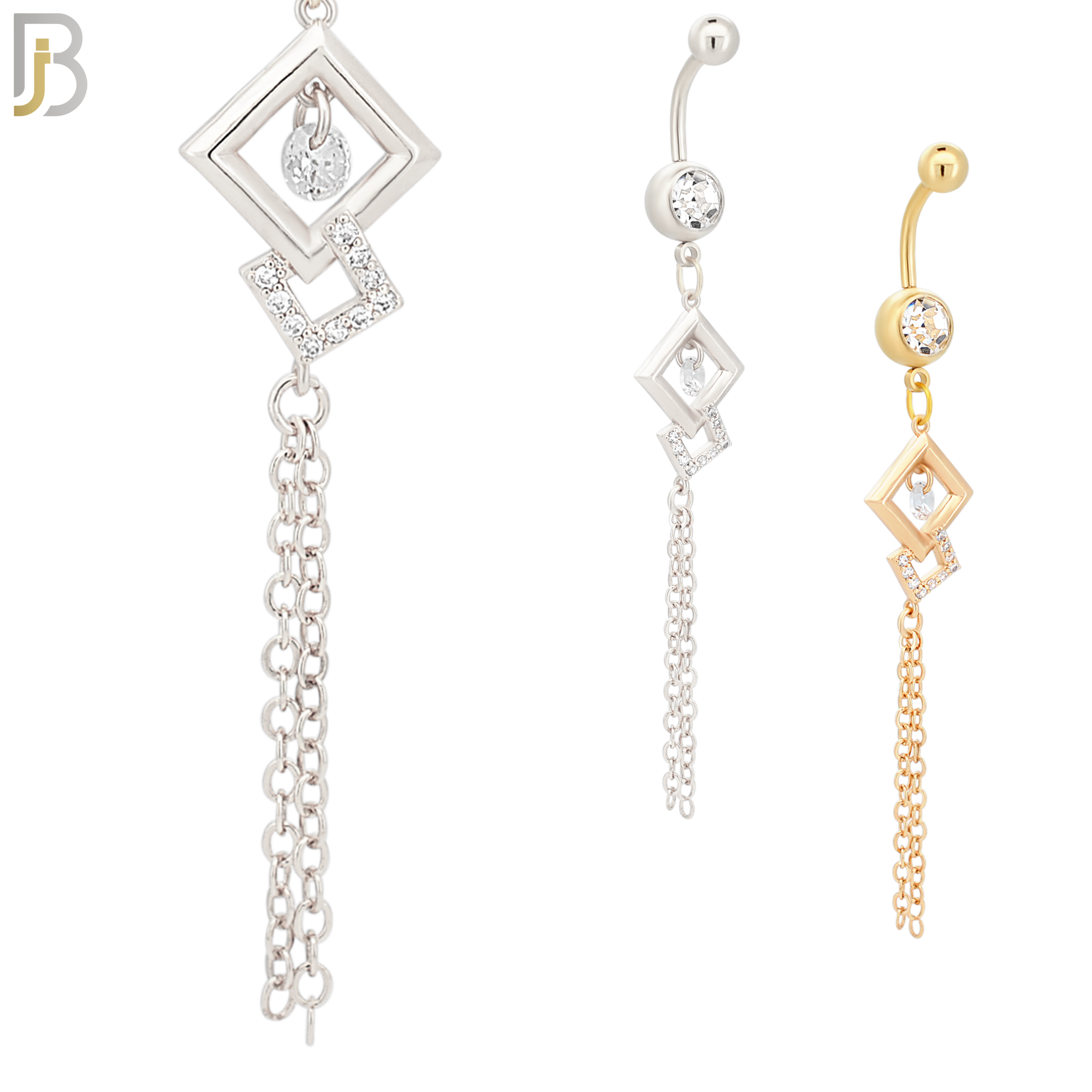 N064 - 316L Stainless Steel Dangling Diamond Shape with Chain Design Belly Ring with 5mm Screw Ball image 0