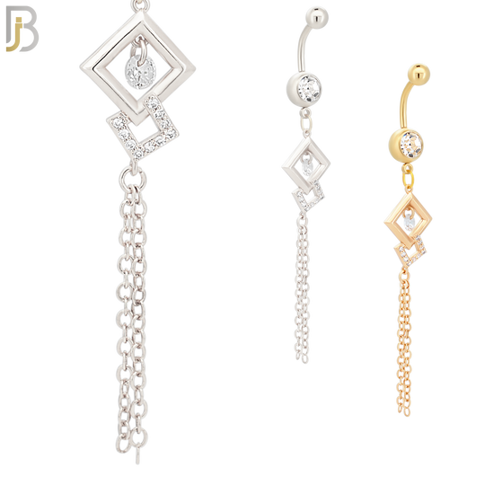 N064 - 316L Stainless Steel Dangling Diamond Shape with Chain Design Belly Ring with 5mm Screw Ball image 0