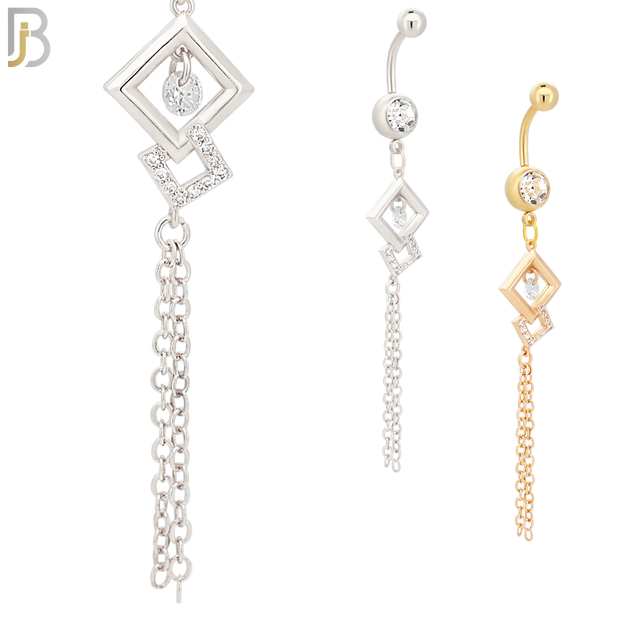 N064 - 316L Stainless Steel Dangling Diamond Shape with Chain Design Belly Ring with 5mm Screw Ball image 0