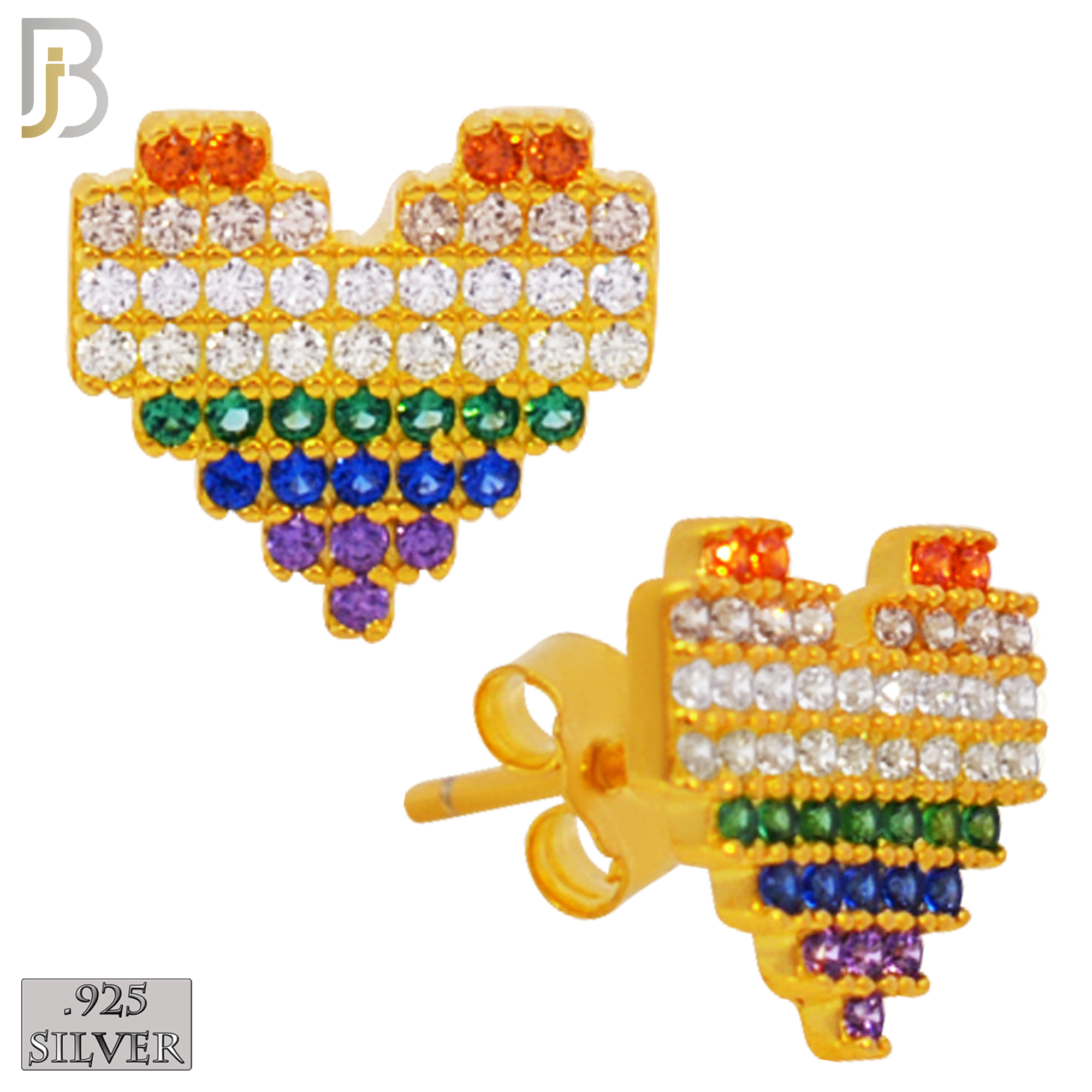 925-ES228S – 925 Sterling Silver Pixelated Heart Design Earring Stud with Multi Colored Zircon image 6