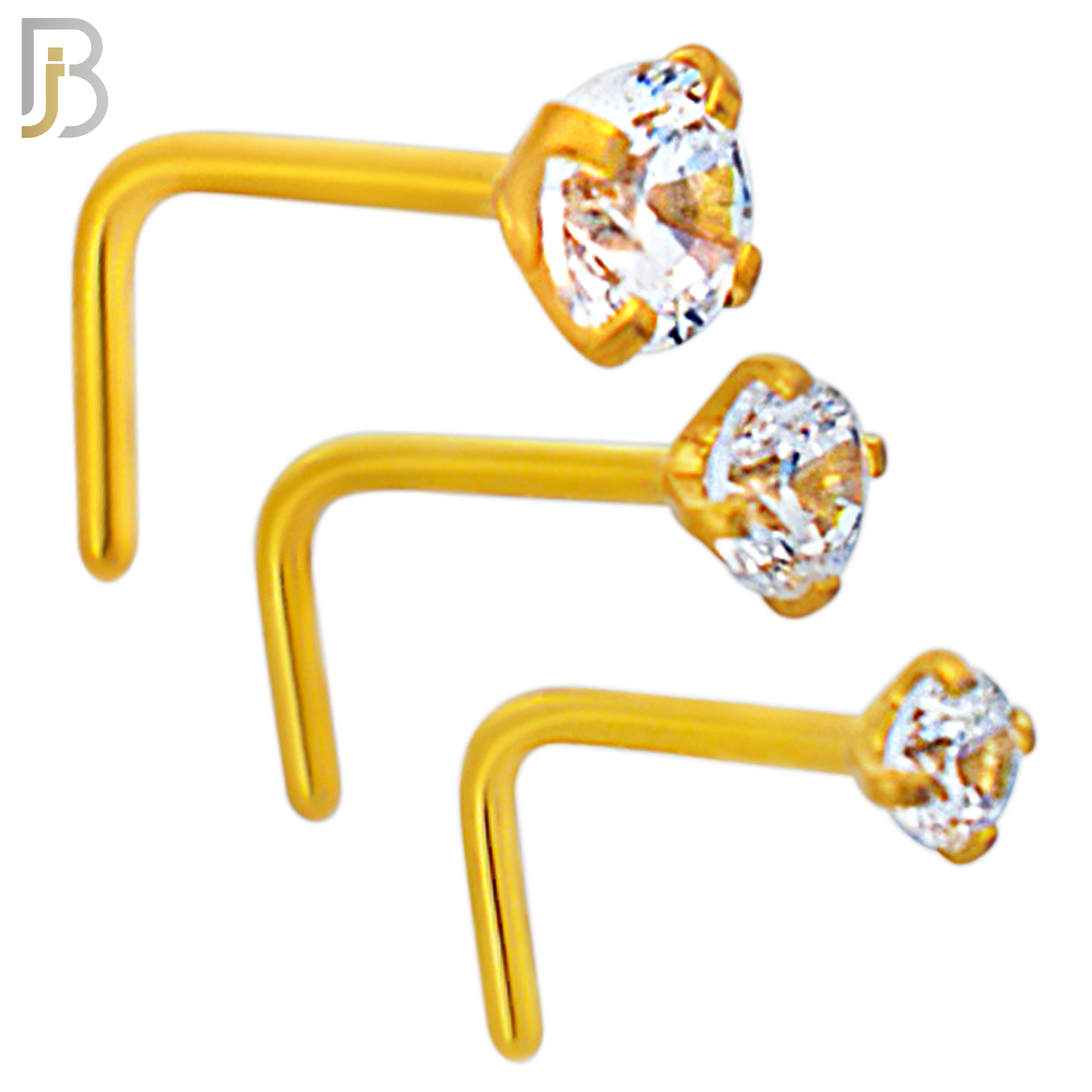 NR10G - 316L Surgical Steel Gold Plated Nose L-Shape Prong Set Zircon Round Nose Ring (PACK OF 6) image 0
