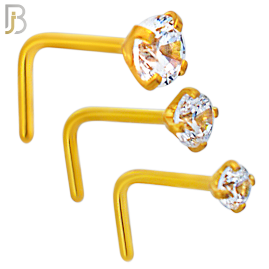 NR10G - 316L Surgical Steel Gold Plated Nose L-Shape Prong Set Zircon Round Nose Ring (PACK OF 6) image 0