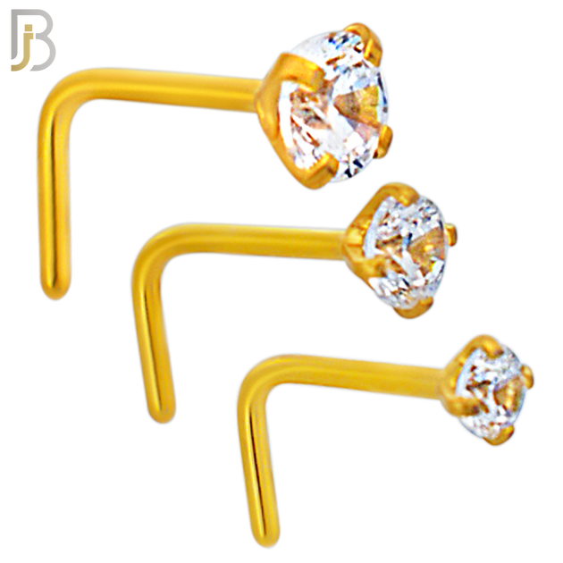 NR10G - 316L Surgical Steel Gold Plated Nose L-Shape Prong Set Zircon Round Nose Ring (PACK OF 6) image 0