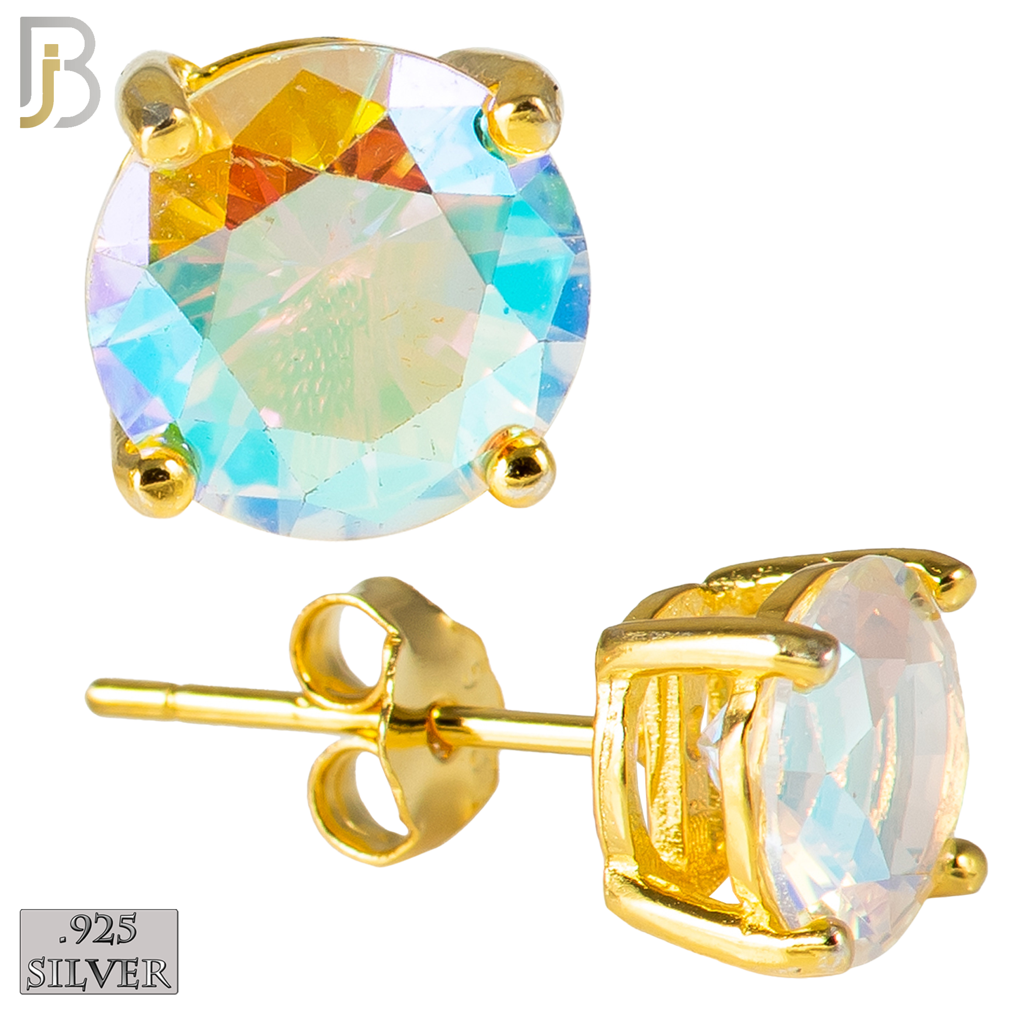 925-ES71-GA - .925 Sterling Silver Gold Plated Earring Stud Casting Round Prong Setting AB Zircon image 0