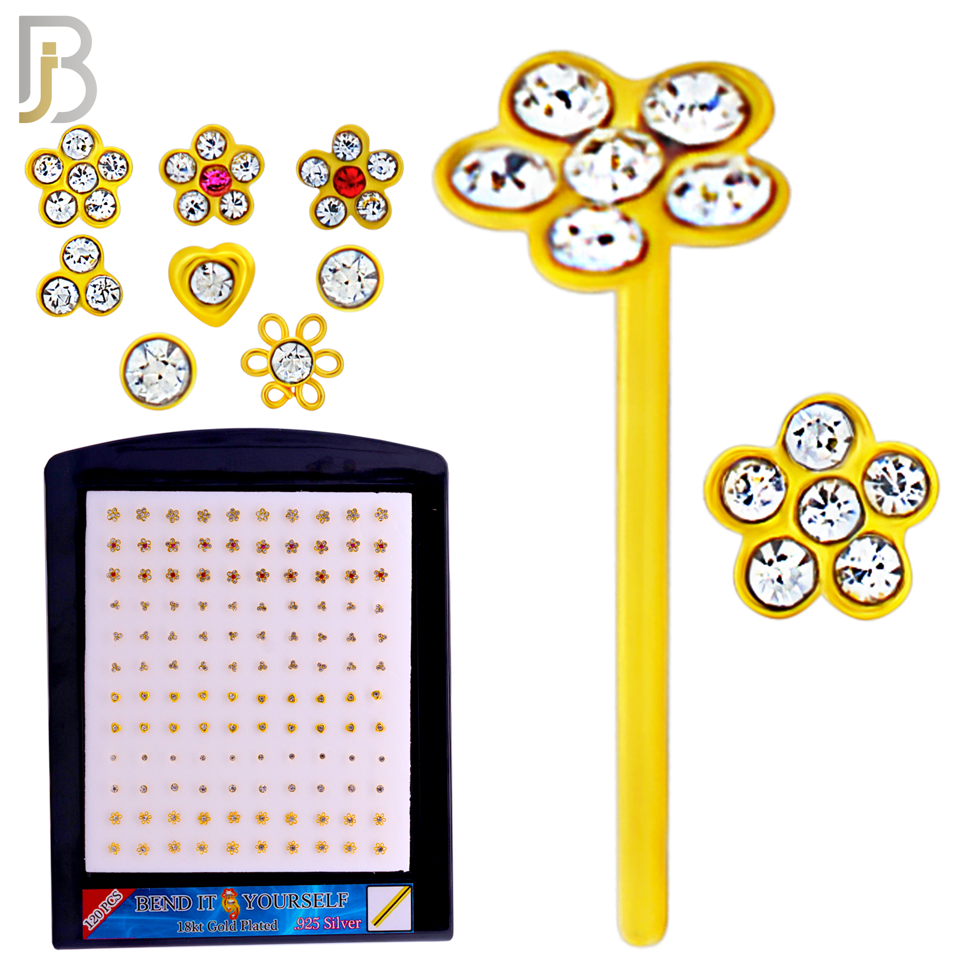 925-PK-NR08SY - 120 pcs, 18k Gold Plated Sterling Silver, Bend it Yourself Nose Studs, 22g Thickness, Assorted Shapes Packages image 1