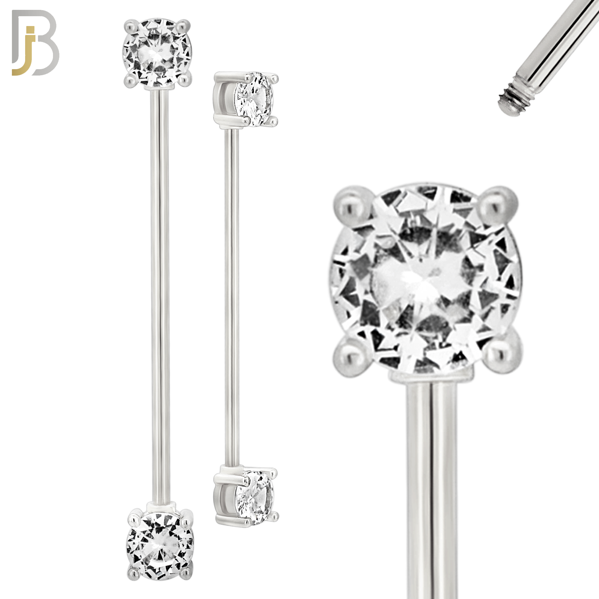 BB37 - 316L Surgical Steel Screw Bar with Brass Round Prong Setting Design Barbell Industrial (PACK OF 4) image 1