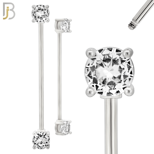 BB37 - 316L Surgical Steel Screw Bar with Brass Round Prong Setting Design Barbell Industrial (PACK OF 4) image 1