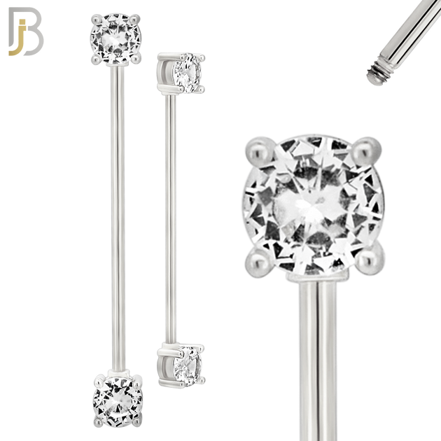 BB37 - 316L Surgical Steel Screw Bar with Brass Round Prong Setting Design Barbell Industrial (PACK OF 4) image 1