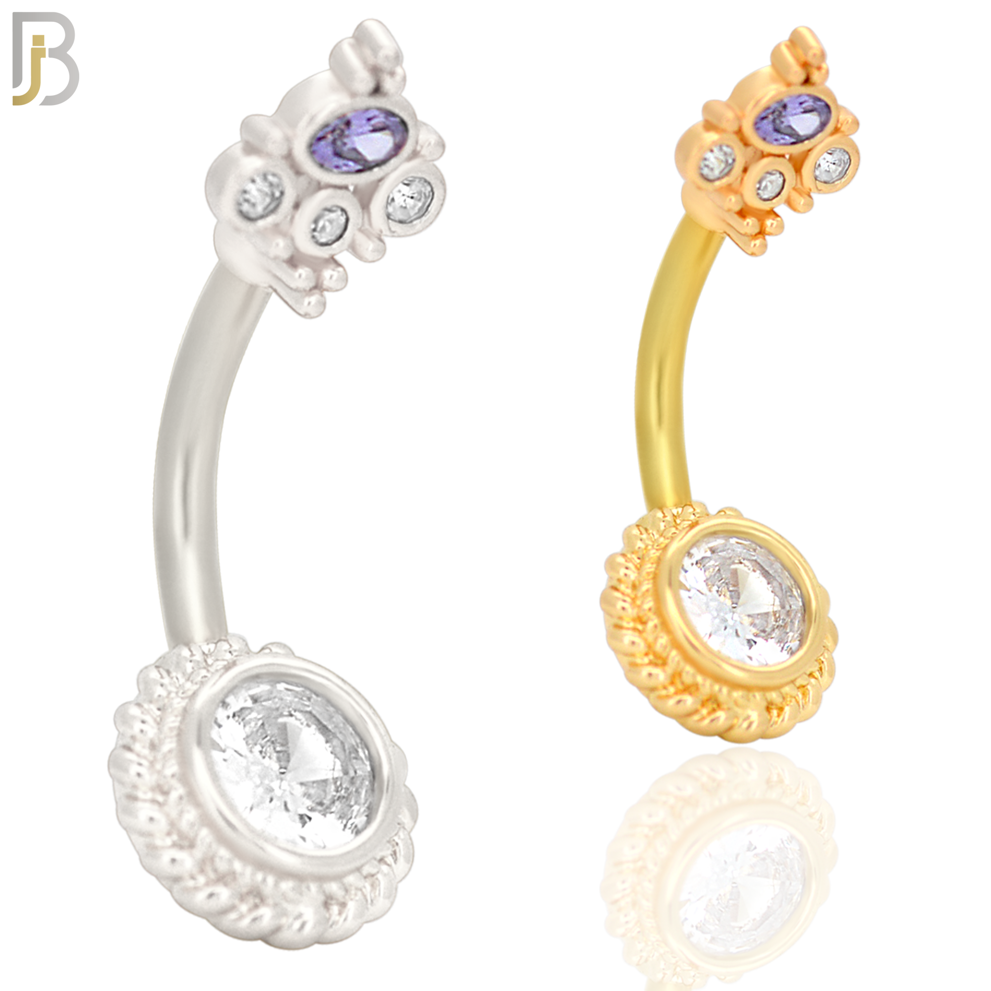NB29 - 316L Stainless Steel Round Flower with CZ and Top Crown Banana Belly Navel Ring image 0