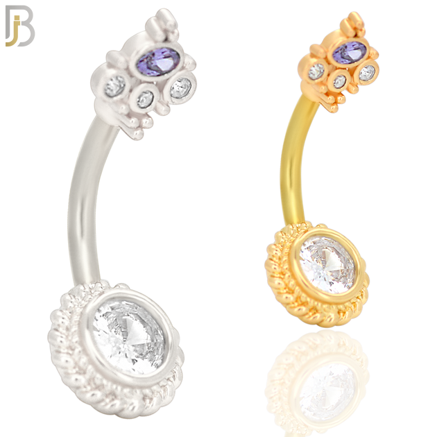 NB29 - 316L Stainless Steel Round Flower with CZ and Top Crown Banana Belly Navel Ring image 0