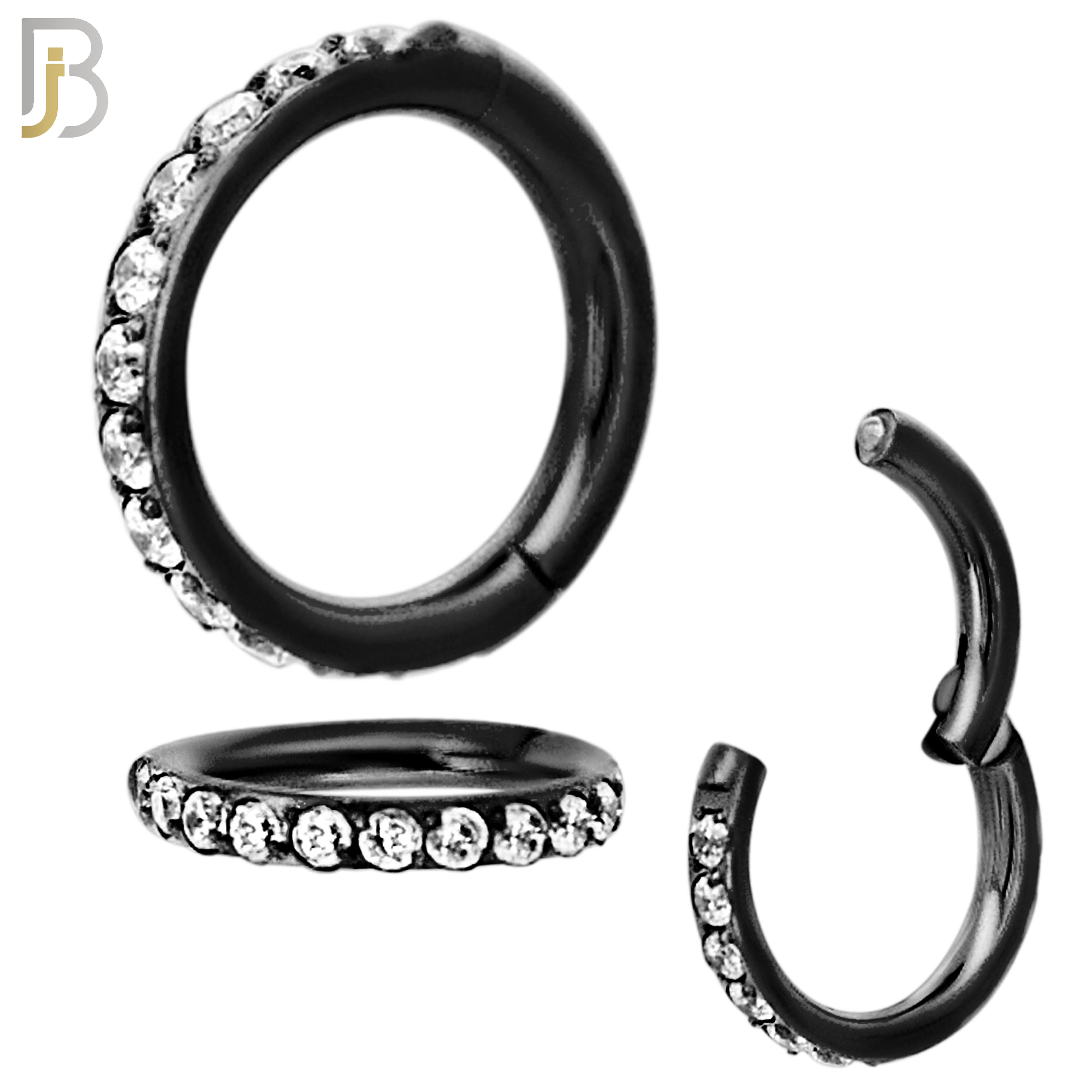 CT94K - 316 Stainless Steel Black Plated Hinged Hoop with Multi CZ Gems Nose Rings (PACK OF 6) image 1