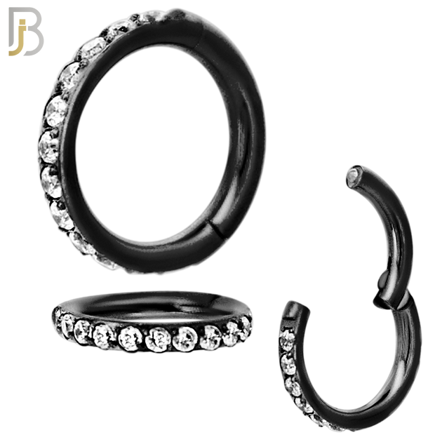 CT94K - 316 Stainless Steel Black Plated Hinged Hoop with Multi CZ Gems Nose Rings (PACK OF 6) image 1