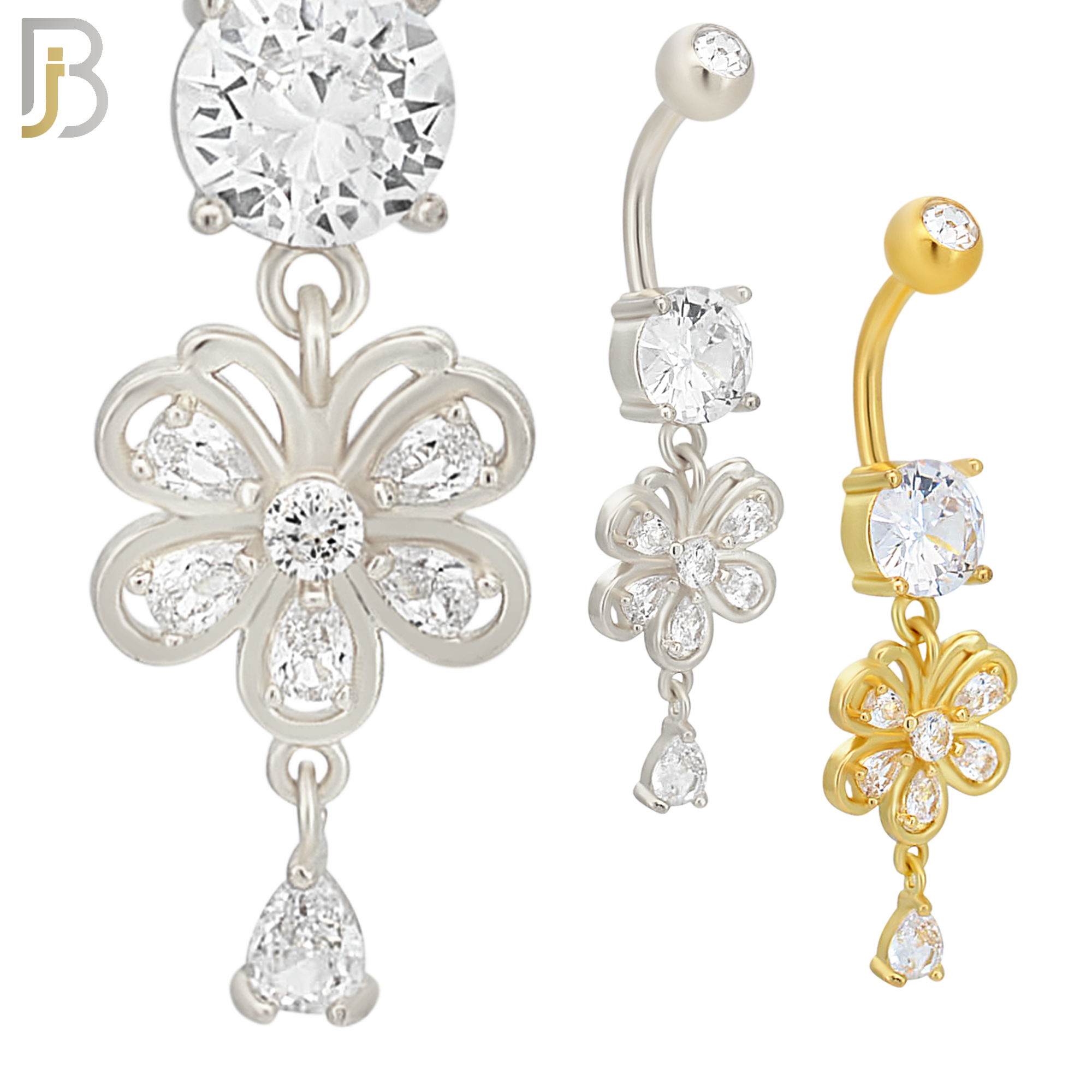 N0104  - 316L Stainless Steel Round Zircon with Dangling Flower with Pear Shaped Zircon Belly Ring image 0