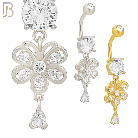N0104  - 316L Stainless Steel Round Zircon with Dangling Flower with Pear Shaped Zircon Belly Ring image 0