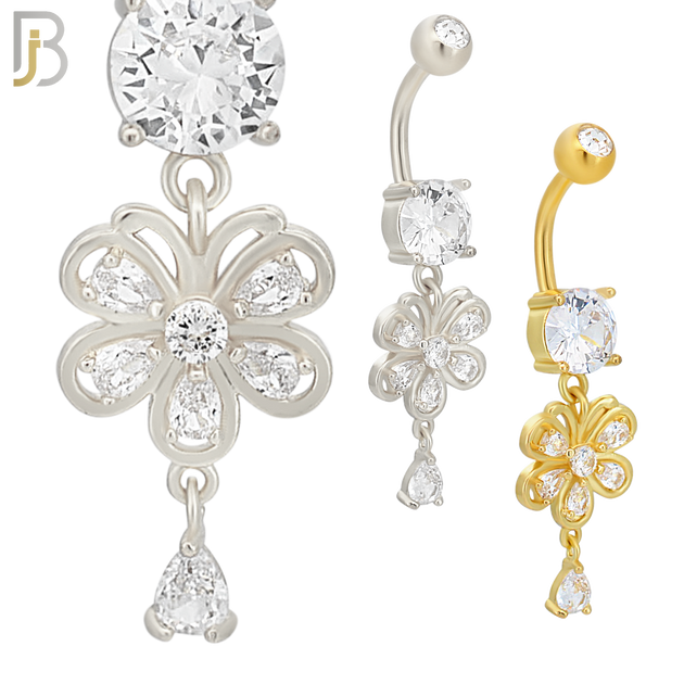 N0104  - 316L Stainless Steel Round Zircon with Dangling Flower with Pear Shaped Zircon Belly Ring image 0