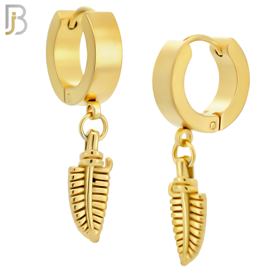 ES89 - 316L Stainless Steel Dangling 14.5mm Feather Long Design Huggies Clip On - Gold Plated image