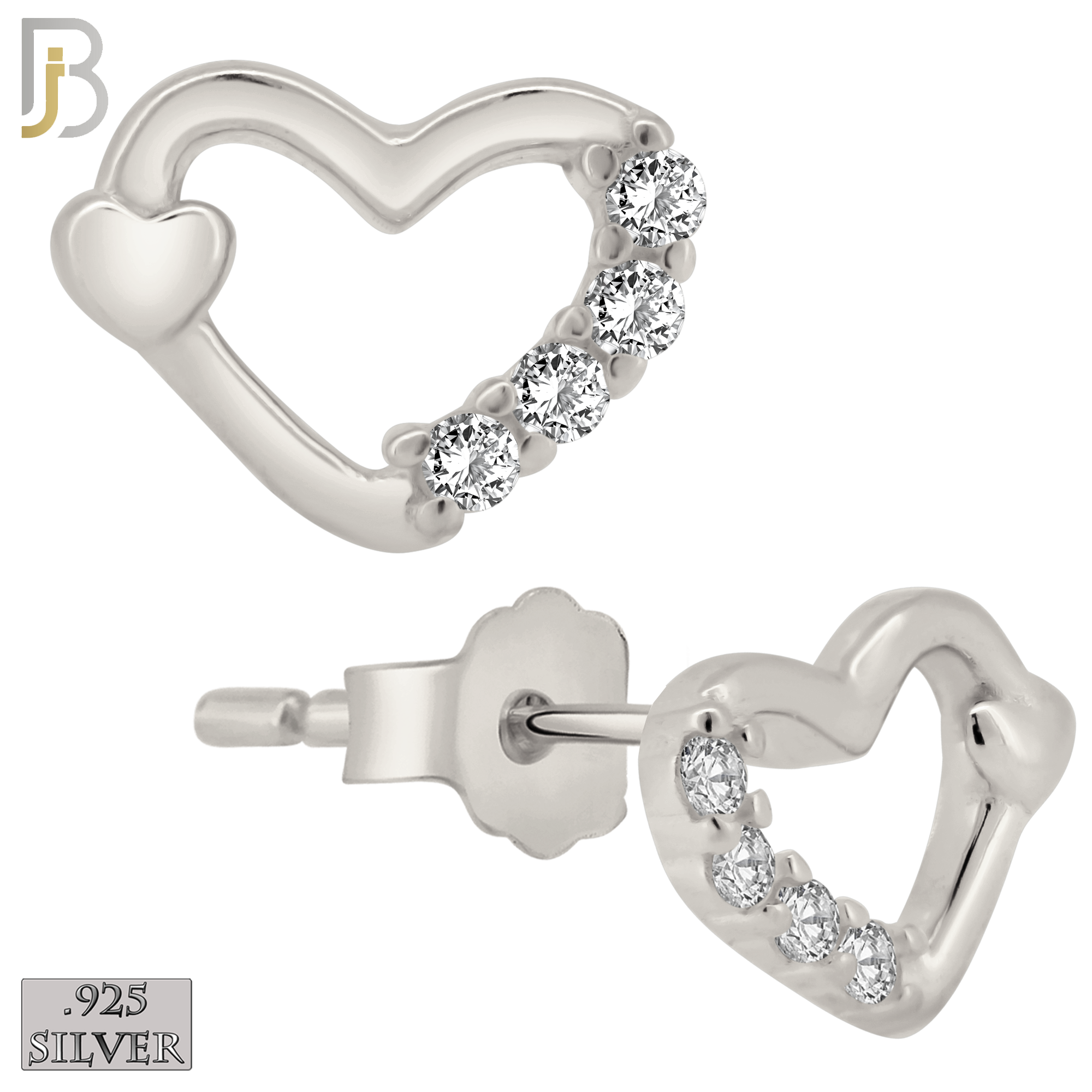 925-ES207 - Push Back - .925 Sterling Silver Heart Design Earring Stud with Clear Zircon image 1