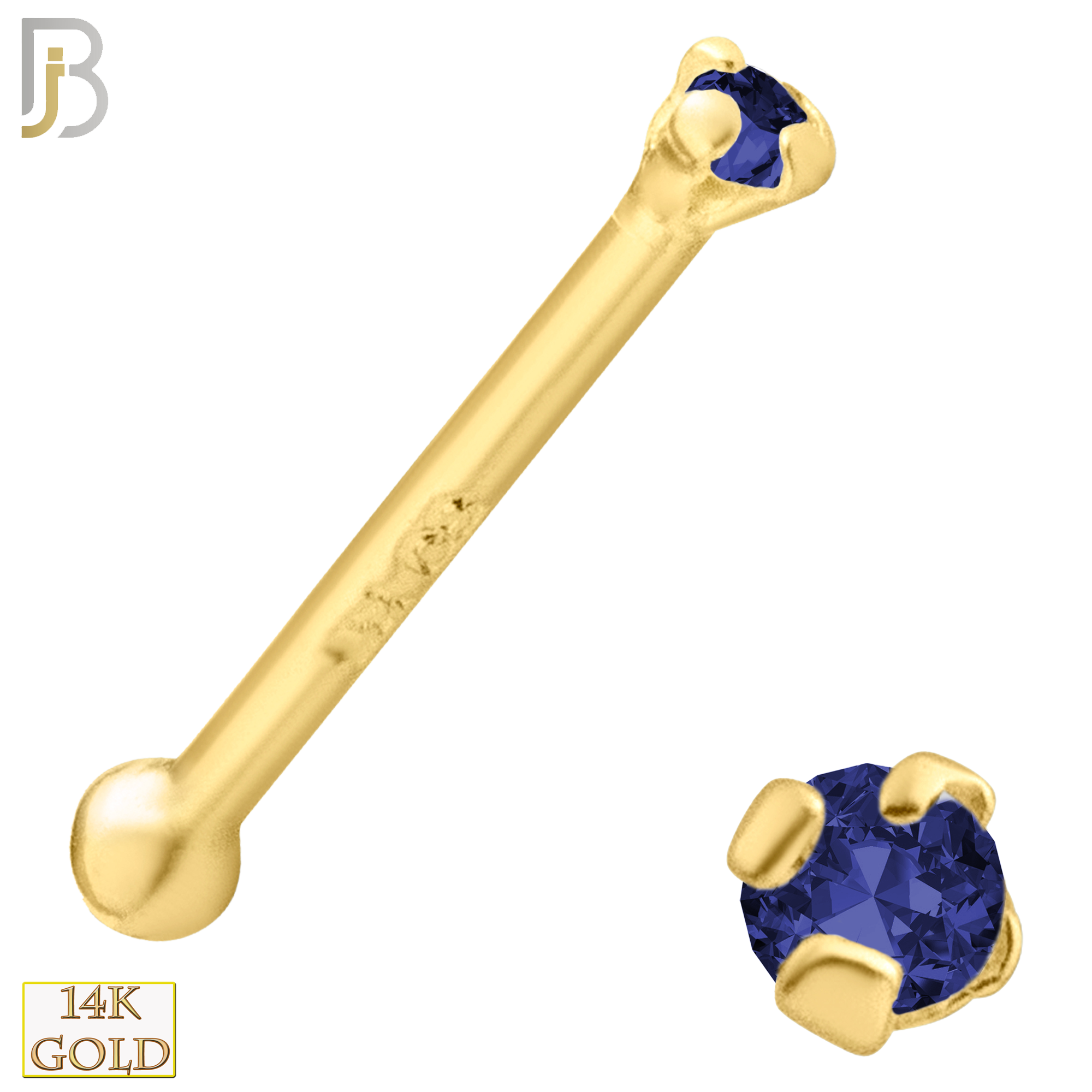 14-NR01CYS - 20g 14k Yellow Gold Nose Bone with Blue Sapphire Colored CZ image 1