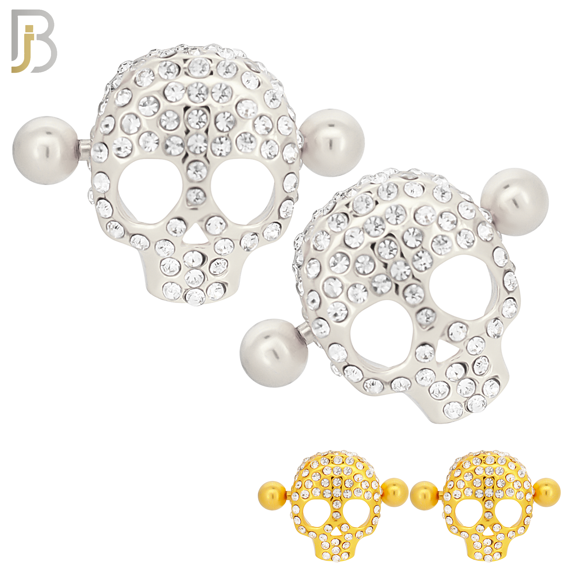 NP35 - 316L Surgical Steel Screw Shield Barbell with Alloy Skull Design Zircon Pair image 0