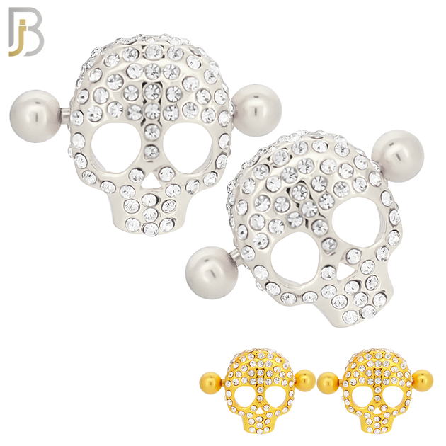 NP35 - 316L Surgical Steel Screw Shield Barbell with Alloy Skull Design Zircon Pair image 0