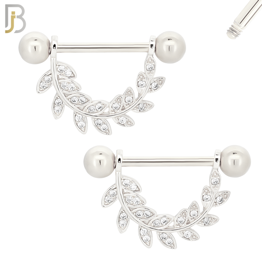 NP24 - 316L Surgical Steel Screw Bar with Vine Leaf Zircon Pair image 1