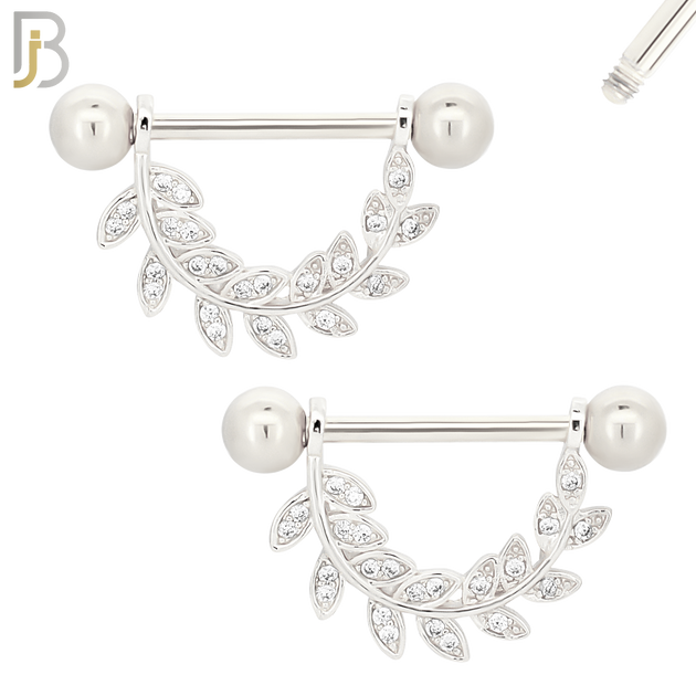 NP24 - 316L Surgical Steel Screw Bar with Vine Leaf Zircon Pair image 1