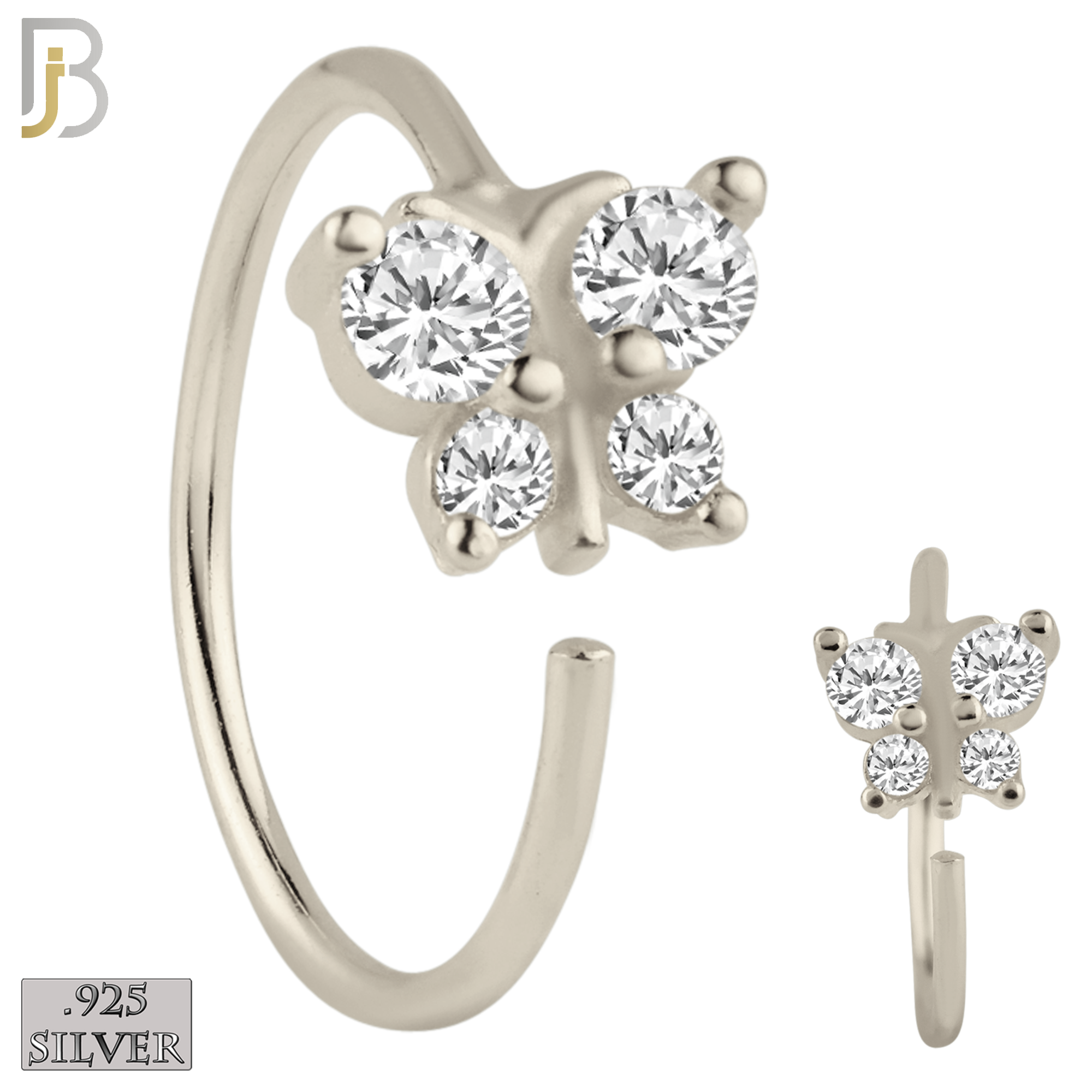925-CT29 - 925 Sterling Silver Butterfly with CZ Design Nose Hoops 22g Thick 8mm wide (Pack of 6) image 0