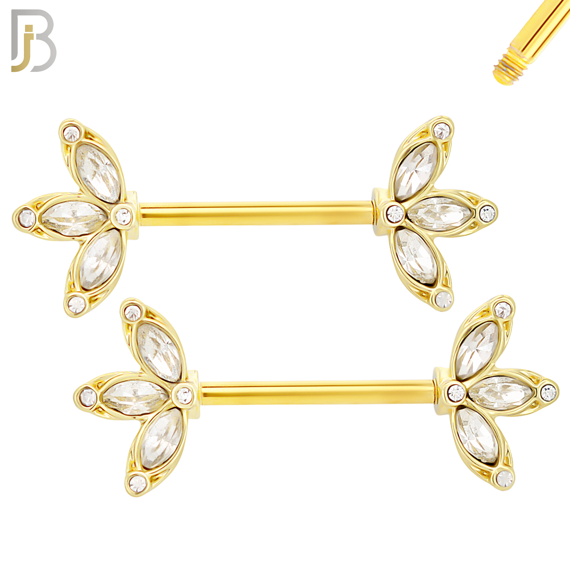 NP45 - 316L Surgical Steel Three Leaf Design with CZ Externally Threaded Nipple Ring Piercing Pair image 1