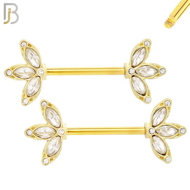 NP45 - 316L Surgical Steel Three Leaf Design with CZ Externally Threaded Nipple Ring Piercing Pair image 1