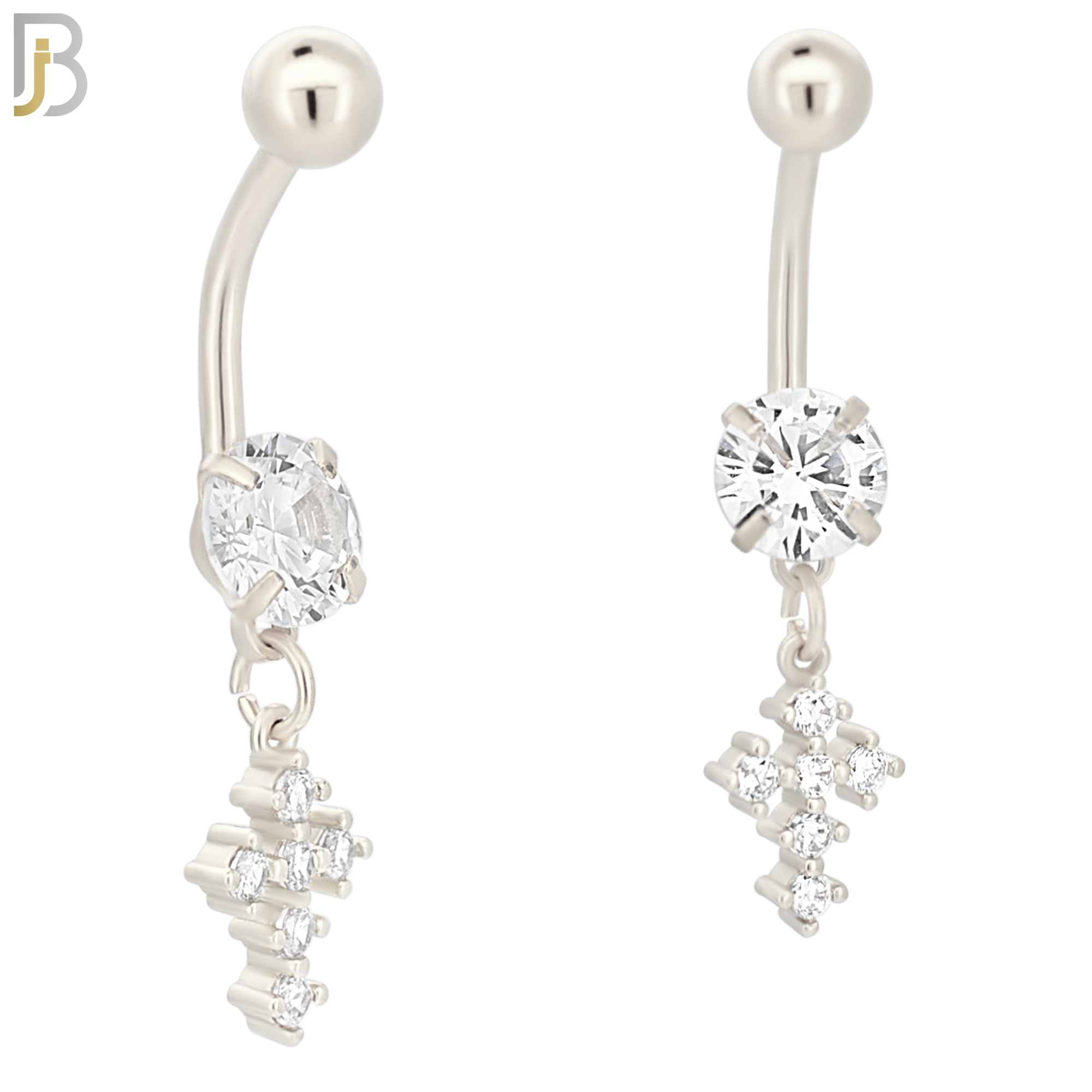 N042 - 316L Stainless Steel Dangling Prong Cross with Zircon Design Belly Ring with 5mm Screw Ball image 1