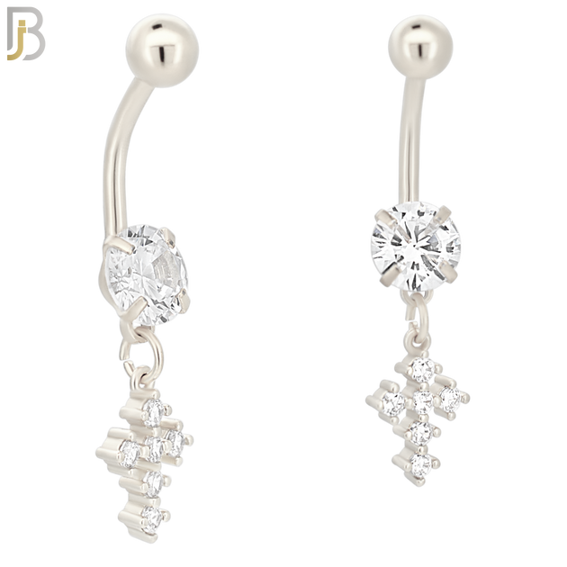 N042 - 316L Stainless Steel Dangling Prong Cross with Zircon Design Belly Ring with 5mm Screw Ball image 1