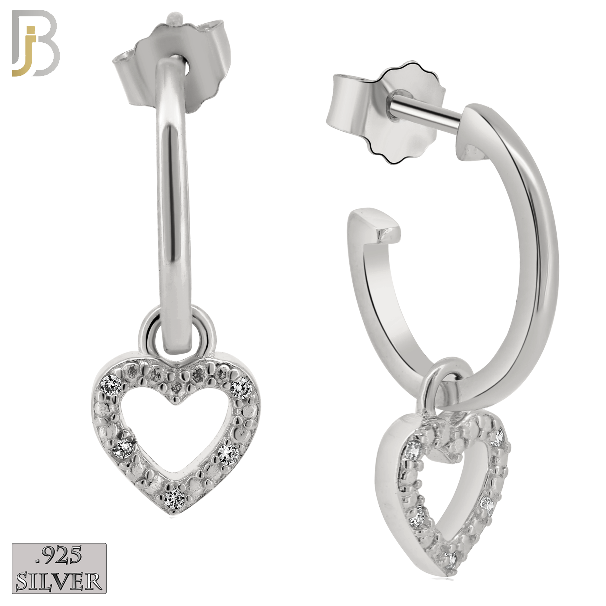 925-ES266 - .925 Sterling Silver Half Hoops with Dangling Hollow Heart with Zircon Design Earrings Stud image 1