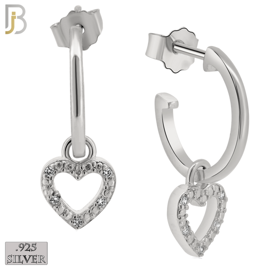 925-ES266 - .925 Sterling Silver Half Hoops with Dangling Hollow Heart with Zircon Design Earrings Stud image 1