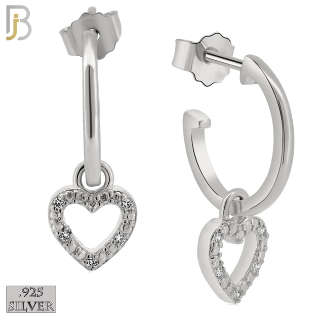 925-ES266 - .925 Sterling Silver Half Hoops with Dangling Hollow Heart with Zircon Design Earrings Stud image 1