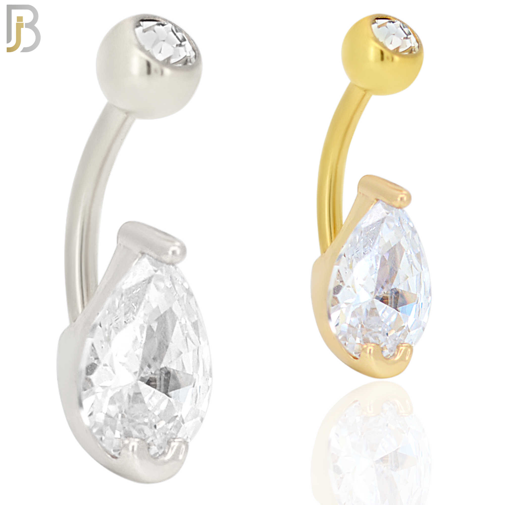 NB50 - 316L Stainless Steel Tear Drop Shaped Clear CZ Banana Belly Navel Ring image 0