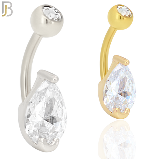 NB50 - 316L Stainless Steel Tear Drop Shaped Clear CZ Banana Belly Navel Ring image 0