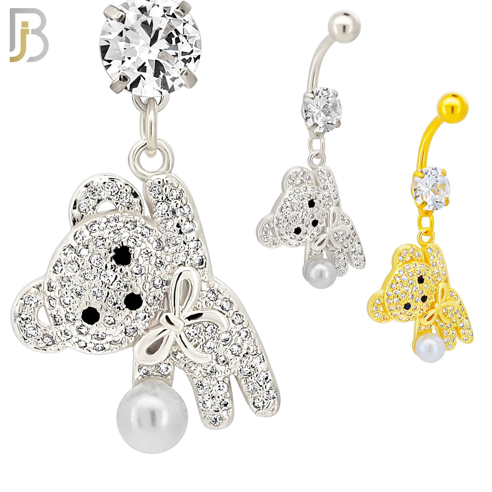 N0142 - 316L Surgical Steel Dangling Teddy Bear holding a Pearl with Multi CZ Belly Ring image 0