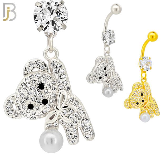 N0142 - 316L Surgical Steel Dangling Teddy Bear holding a Pearl with Multi CZ Belly Ring image 0