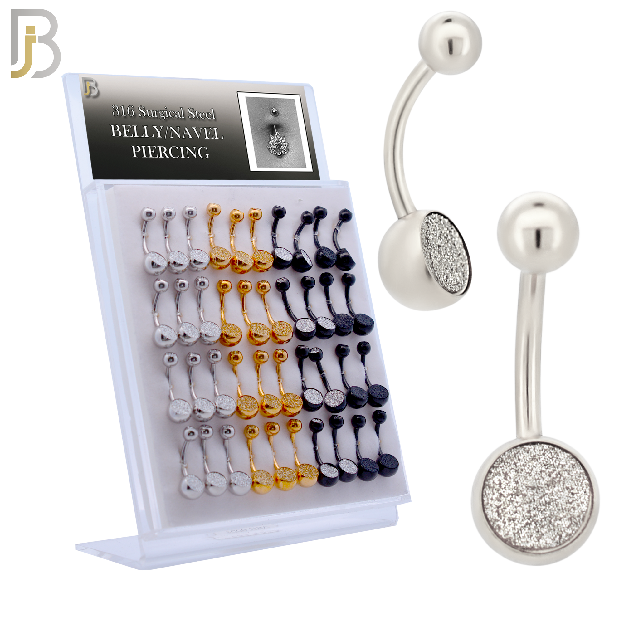 PK-NB02M - 316L Surgical Steel Screw Bezel Setting Sandpaper Ball Banana Belly Ring Pack of 40 image 0