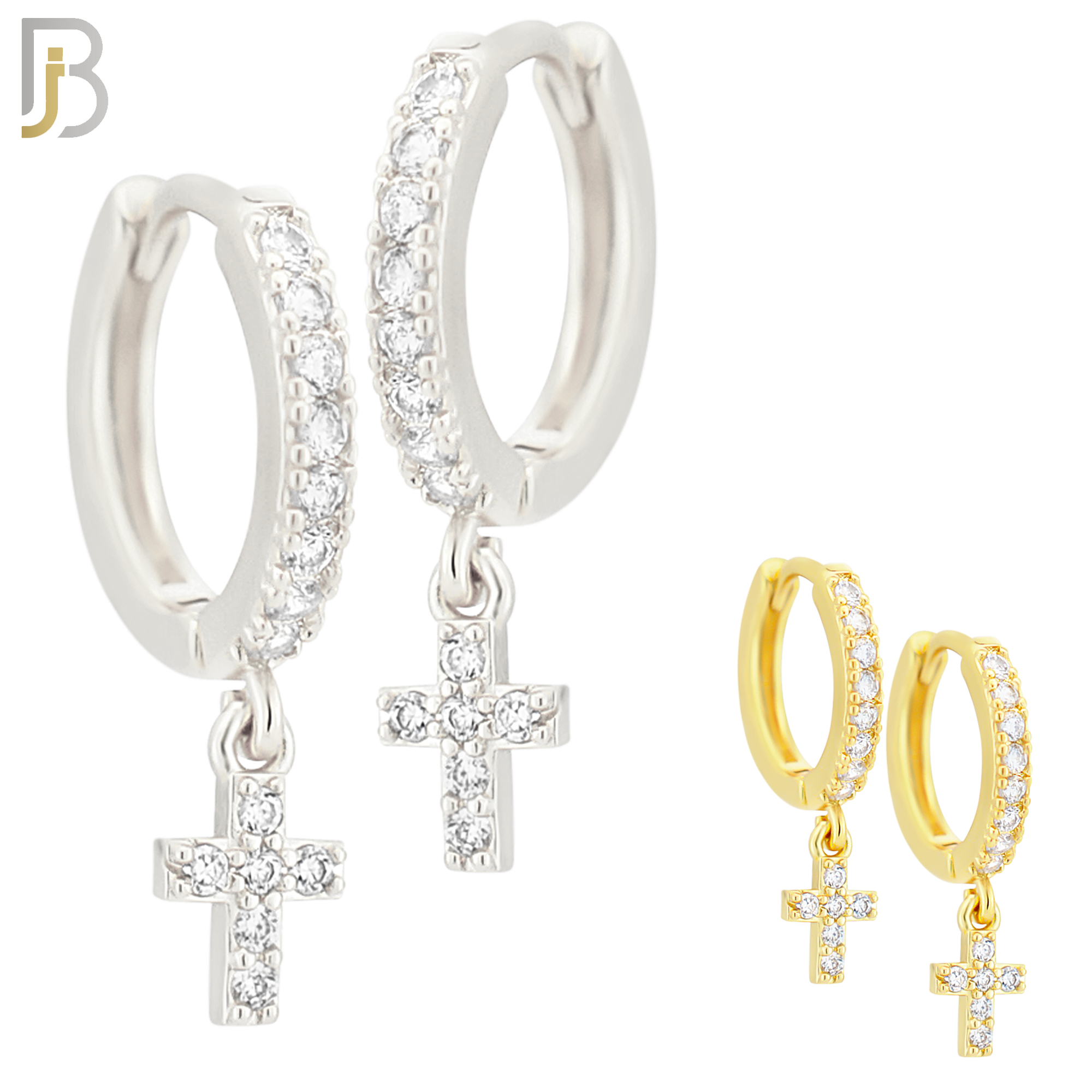 ES109 - 316L Stainless Steel Dangling Cross with Zircon Huggies Clip On image 0